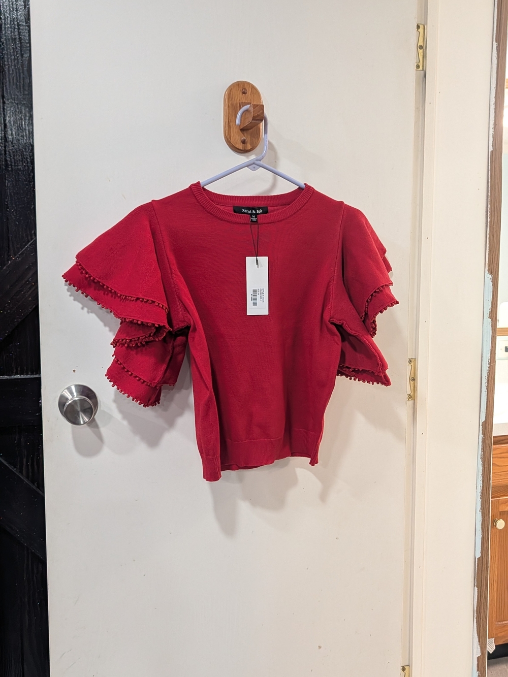 Tiered Ruffle Sleeve Knit Top — Red